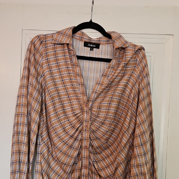 Aakaa Shirt Dress, Button Up, Brown & Blue, Plaid, Sz L, V Neck, Lightweight - Picture 1 of 9